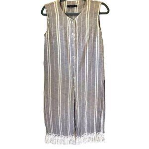 Zara Women's Linen Blend Striped Beachy Button Front Dress w/ Tassels. Size‎ S